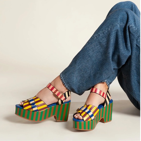 New! CHARLOTTE STONE Raf Chunky Platform Sandals in Stripe Multi - Picture 4 of 16